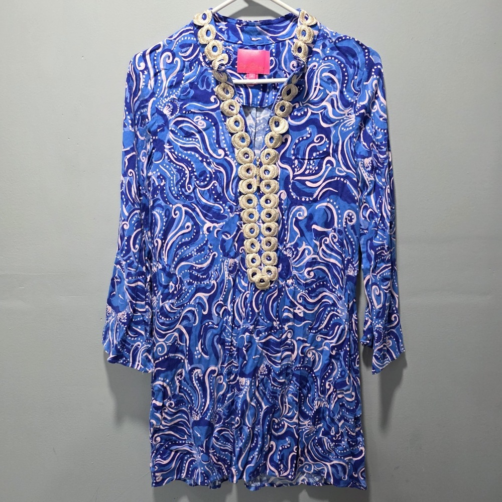 Lilly Pulitzer Dress Size 4 Whispurr Blue Print Gracelynn Costal Gold
